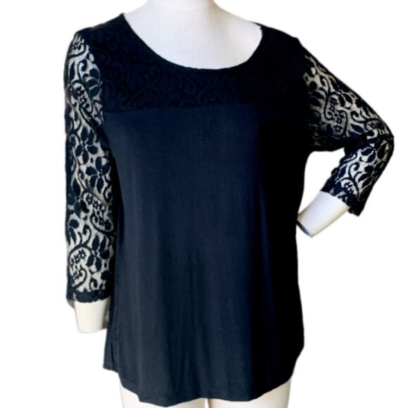 Lane Bryant Lace Accent 3/4 Sleeve Pullover Top Plus Sz 14/16 Black 73B - Picture 1 of 6